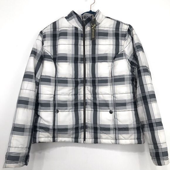 Natural Reflections PRISTINE Anthra Ivory Black Plaid Zip Up Padded Jacket NEW - Picture 1 of 16